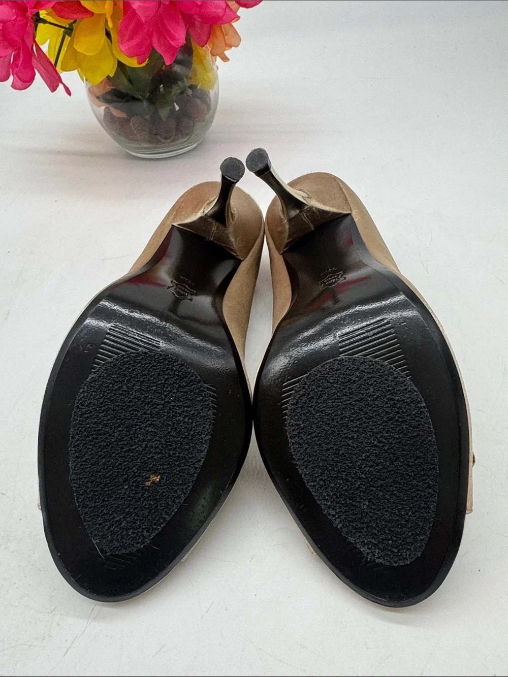Paolo Taupe Satin Peep-Toe Heels with Bow and Rhinestone Accent 7.5 MCH10103G